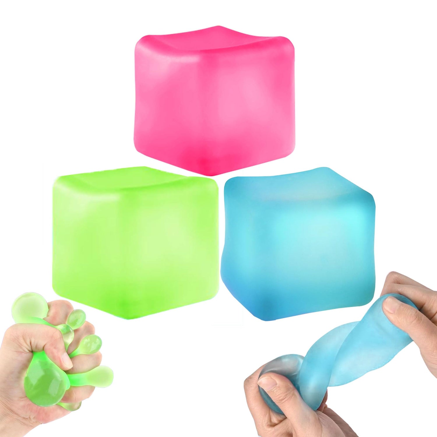 3Pcs Stress Cube Squishy Toys Slow Rising Ice Cube Stress Balls Sensory Fidget Toys for Anxiety Relief Sensory Ice Nee Cube Gel Filled Squishy Ball Toys for ADD/ADHD Kids Adults(Blue Green Pink)