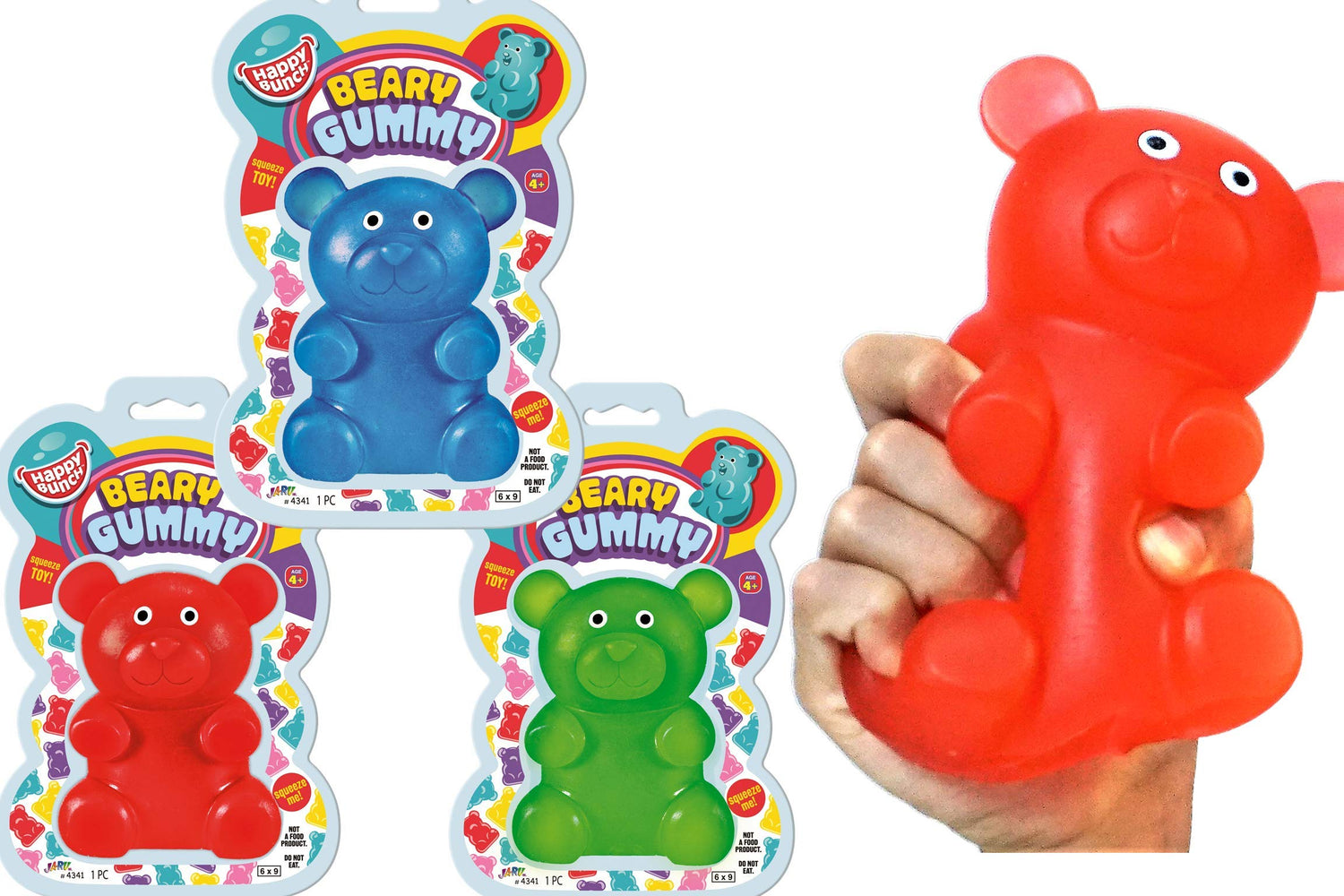Jumbo Squishy Gummy Bear Toy (3 Packs Assorted) JA-RU Squeeze Stretchy Bear Stress Relief &amp; Sensory Toy. Squishy Toys Fidget Toys for Boys and Girls Great Party Favor Stuffer. Plus 1 Sticker 4341-3s