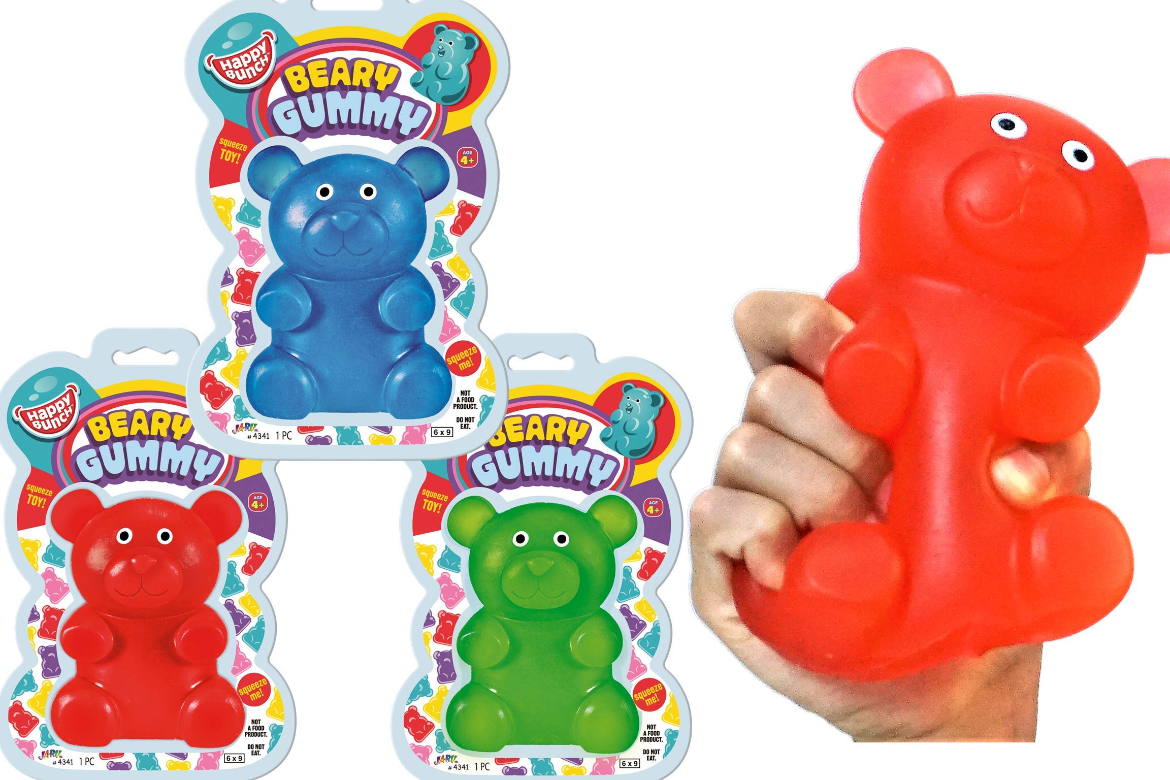 Jumbo Squishy Gummy Bear Toy (3 Packs Assorted) JA-RU Squeeze Stretchy Bear Stress Relief &amp; Sensory Toy. Squishy Toys Fidget Toys for Boys and Girls Great Party Favor Stuffer. Plus 1 Sticker 4341-3s