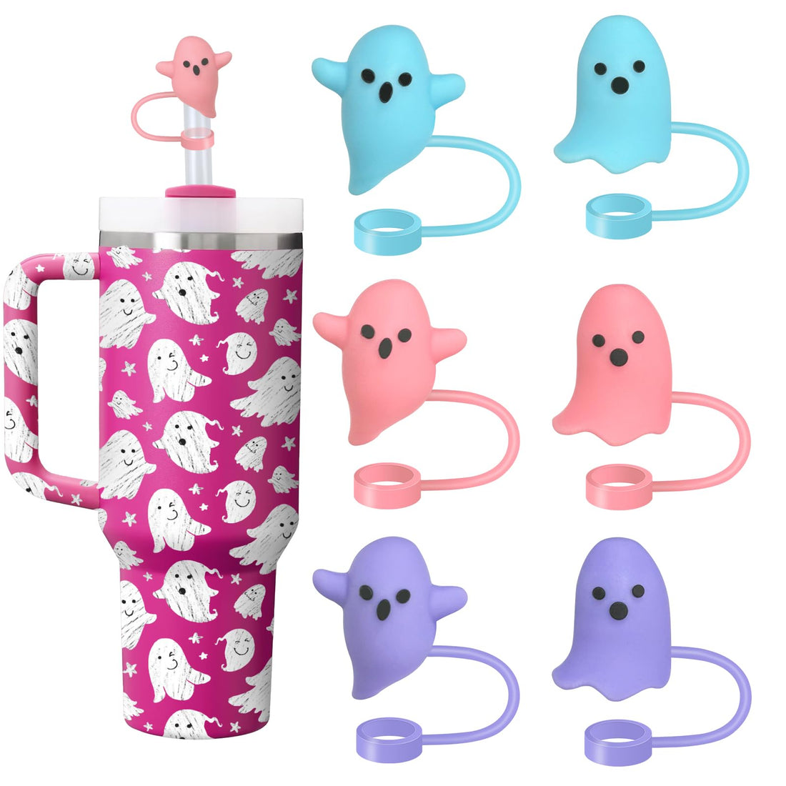 6Pcs Halloween Ghost Straw Toppers for Stanley Cup Boo Ghost Straw Covers,Halloween Straw Topper for 10mm Drinking Straw Tip Covers Stanley Cup Accessories Halloween Gifts