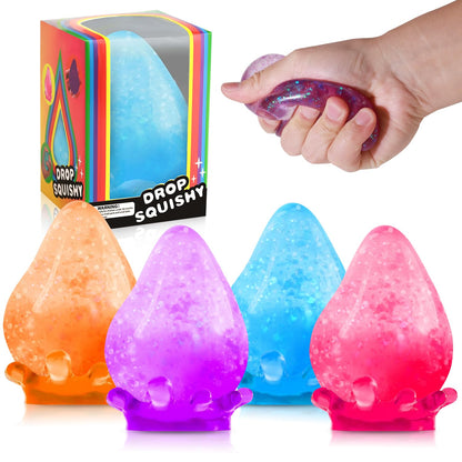 Squishy Drop Fidget Toys 4-Pack - Malt Sugar Filled Sensory Stress Relief Cube for Kids &amp; Adults