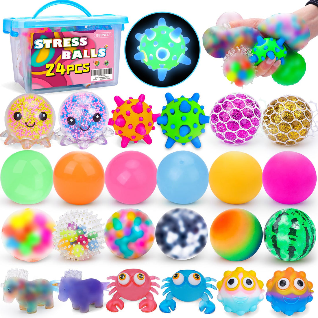 Stress Balls Variety Pack 24-Pack - Squishy Fidget Squeeze Balls for Anxiety Relief and Party Favors