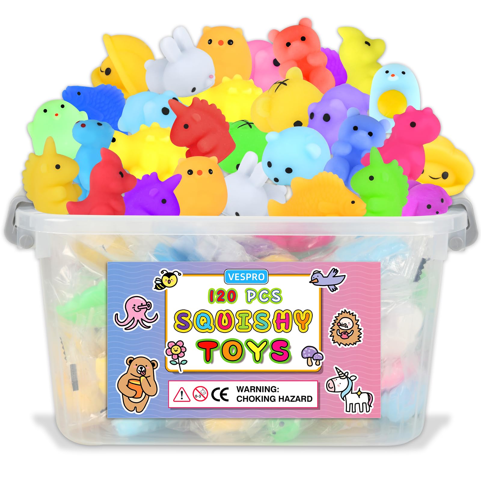 VESPRO 120PCS Mochi Squishy Toys for Kids and Adult Squishies Squishy Toy Party Favors Mini Kawaii Squishies Mochi Stress Reliever Anxiety Toys 3+Ages