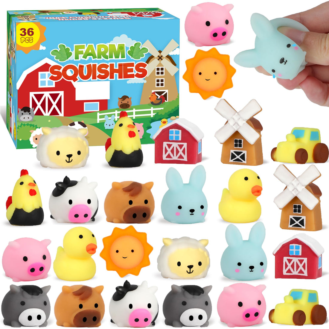 Farm Animal Mochi Squishy Toys 36-Pack - Soft Silicone Stress Relief Party Favors for Kids