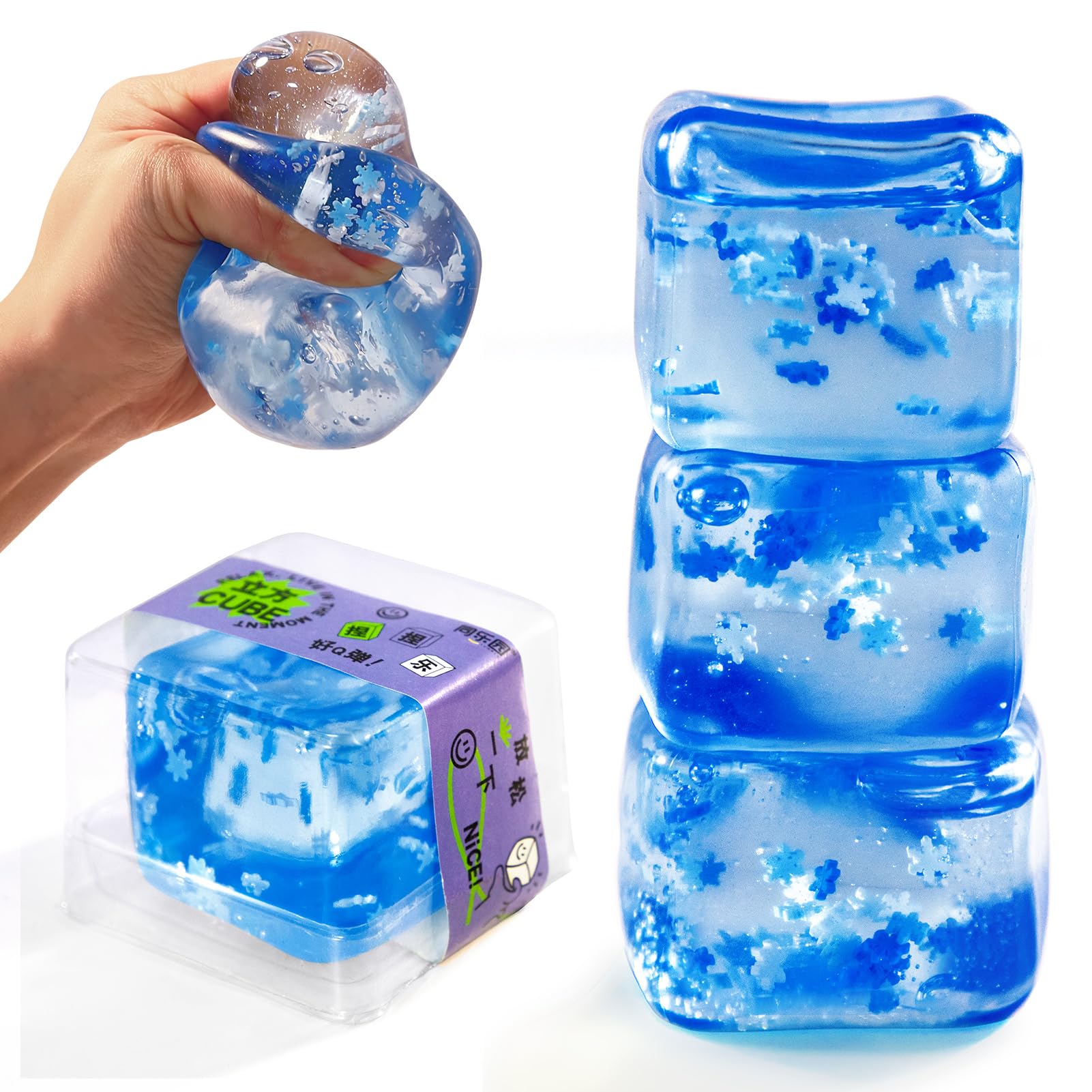 Squishy Ice Cube Stress Balls - 3Pack Sensory Squishy Ice Toy Squishy Balls for Kids and Adults Anxiety Relief - Funny Fidget Stress Balls Squishy Stress Calming Toys for Autism &amp; ADHD Children