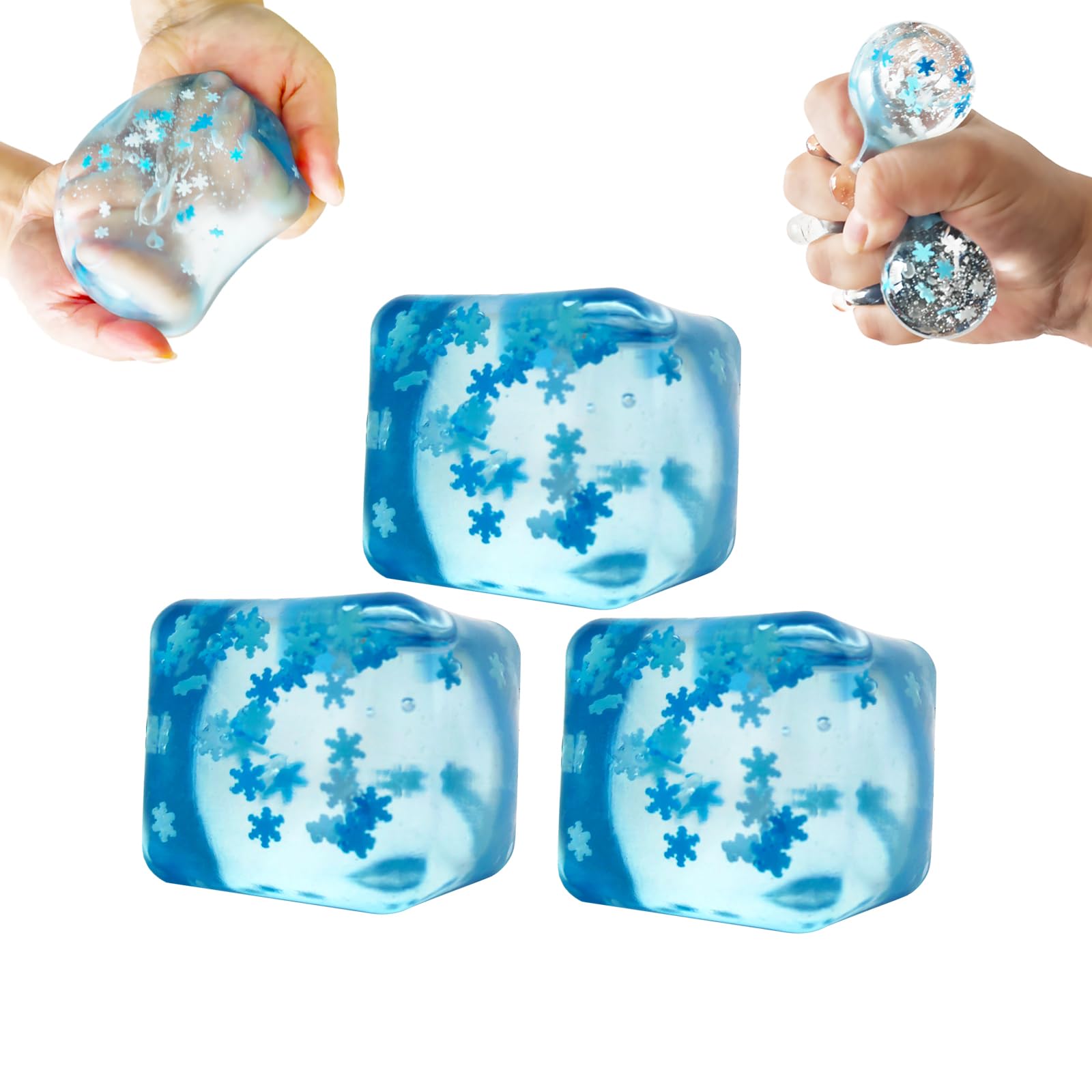 YANZHE Blue Cube 3 Pack Ice Cube Stress Ball Has Snowflakes Inside Squishy Fidget Toys Fidget Cube Sensory Toys Strength Squeeze Sugar Ball Toys Ice Cube Squishy Toy for Boys Girls