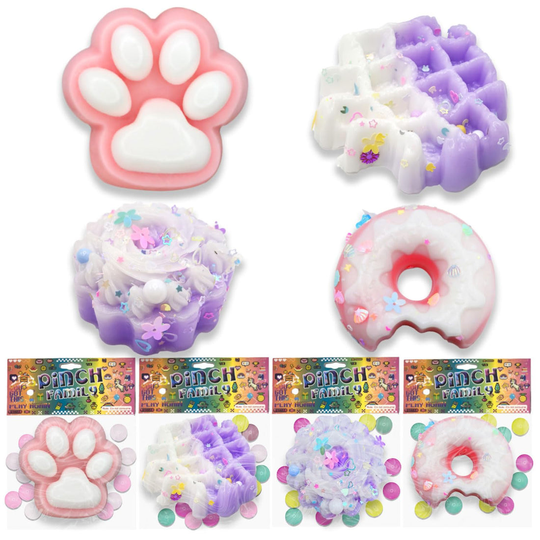 Taba Squishy 4-Pack Set - Cat Paw, Donut, Cake &amp; Waffle Kawaii Mochi Squeeze Fidget Toys